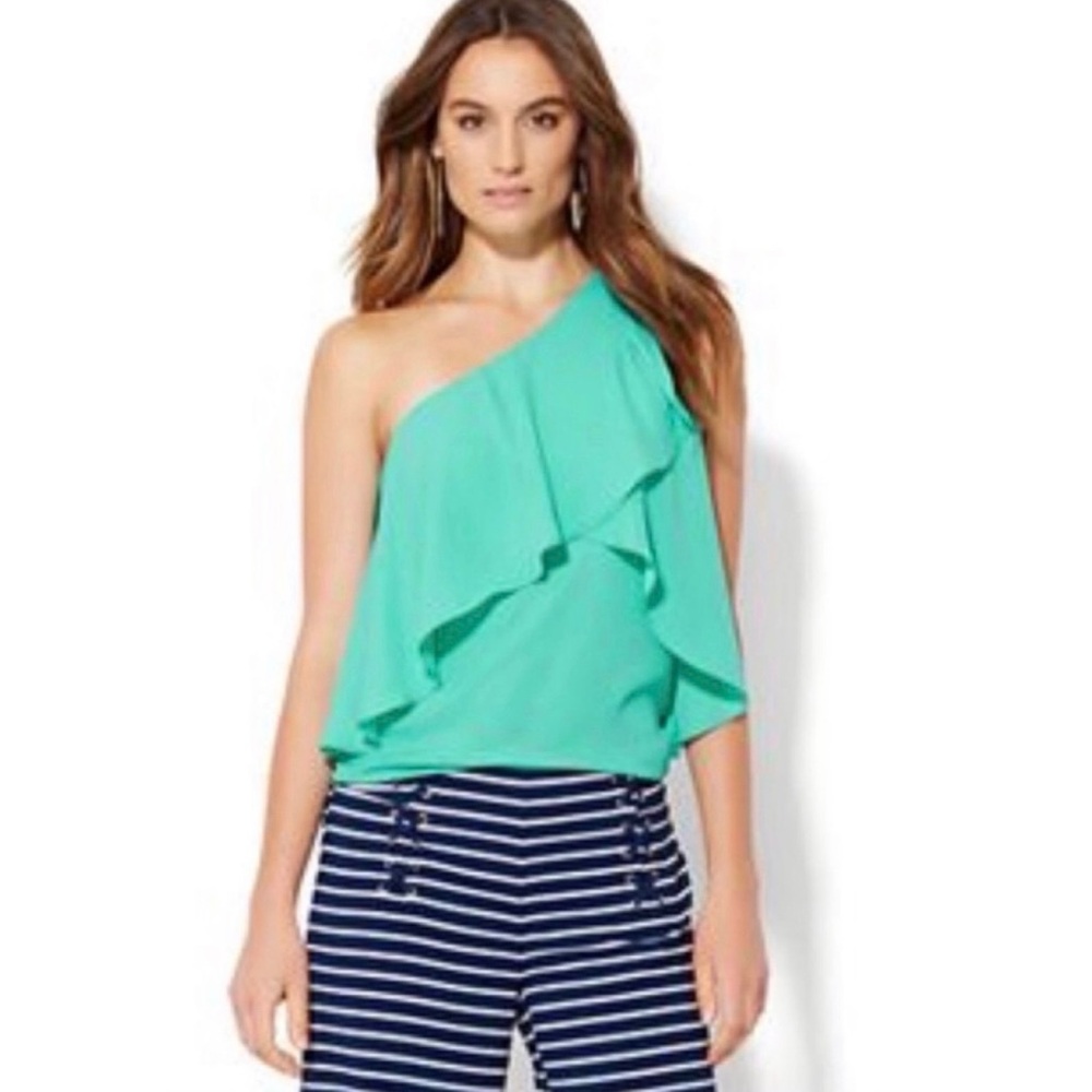 Women’s Green Teal Asymmetrical Ruffle Sleeve One Shoulder Blouse